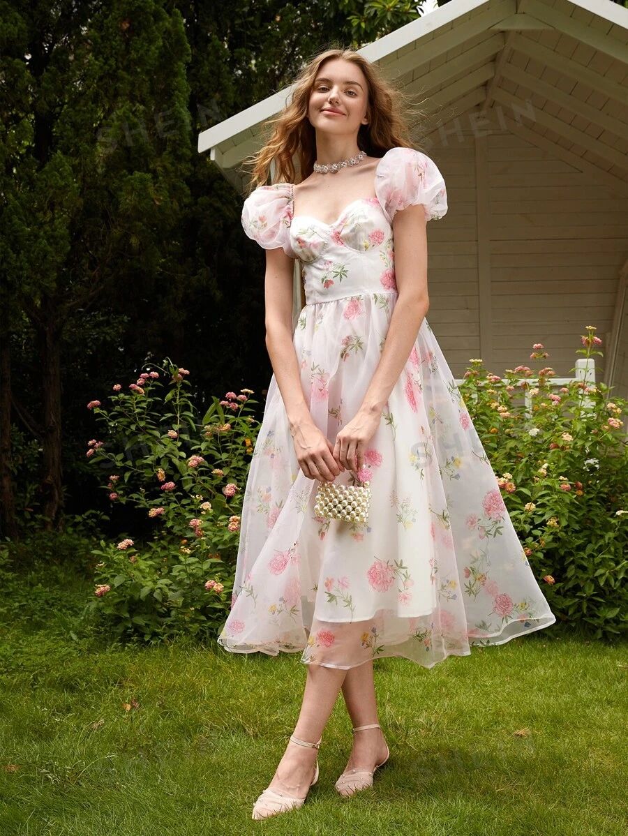 SHEIN MOD Floral Print Puff Sleeve Dress Tea Party Attire | SHEIN
