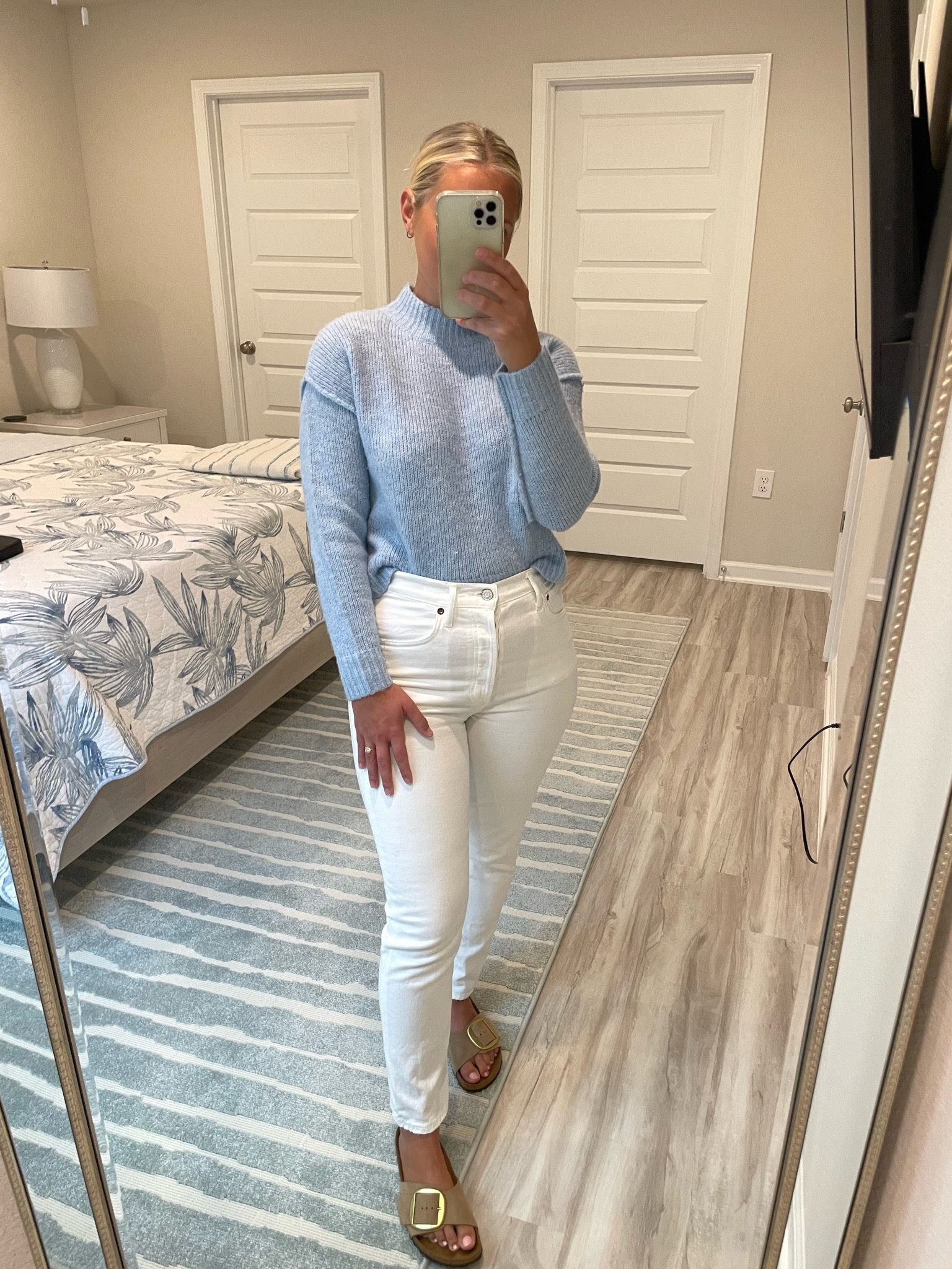 Favorite white jeans 

petite jeans straight buttons high waist blue sweater business casual spring fall winter wear work wear buckle sandals birkenstock light 

#LTKworkwear #LTKmidsize