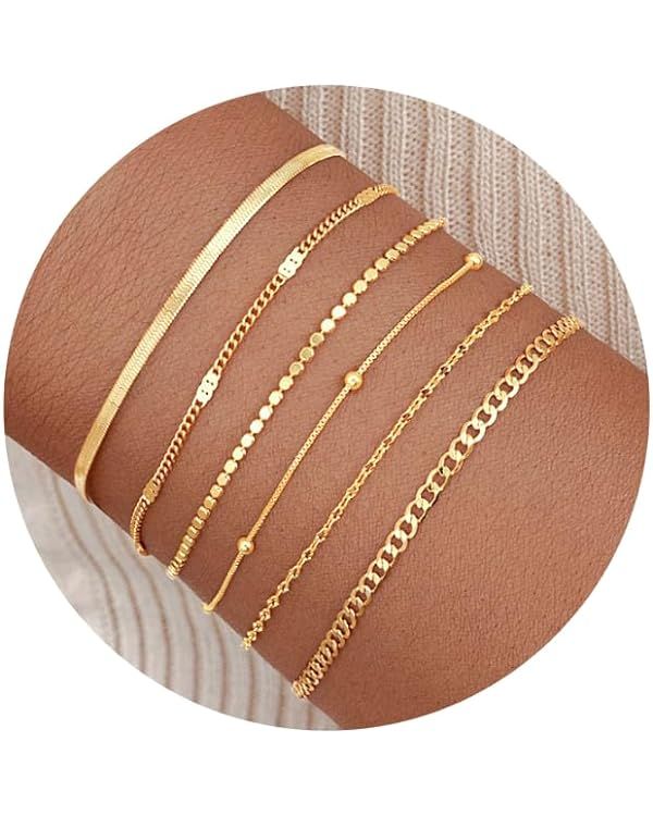 Gold Bracelets for Women, 14K Gold Plated Dainty Bracelets Set, Layered Chain Bracelets Pack Jewe... | Amazon (US)