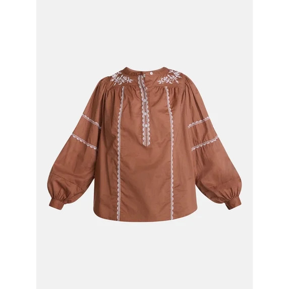 Scenario Women's and Women's Plus Embroidered Top with Long Sleeves, Sizes XS-4X | Walmart (US)