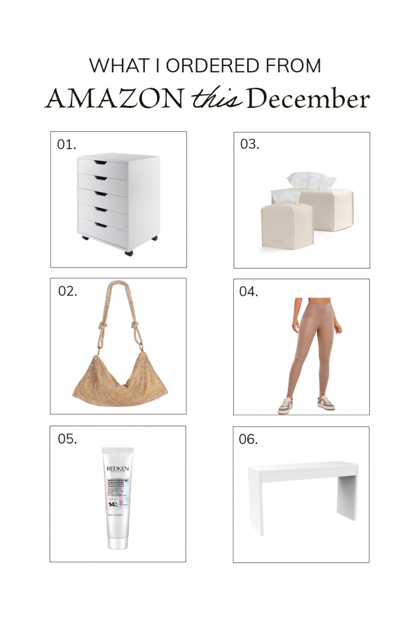 Necessities 🤍 #amazon #amazonhome #amazonorganization #homeorganization #goldbag #blondehair #whitefurniture #amazonhaul

#LTKGiftGuide #LTKhome #LTKFind