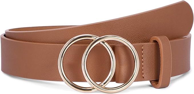 Women Leather Belt Fashion Double O-Ring Soft Faux Leather Waist Belts For Jeans Dress | Amazon (US)