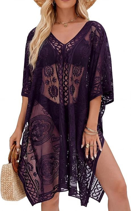 Sexy Elegant Lace Beach Cover Up for Women, Bathing Suit Cover Up, V-Neck Swimsuit Coverup for Po... | Amazon (US)