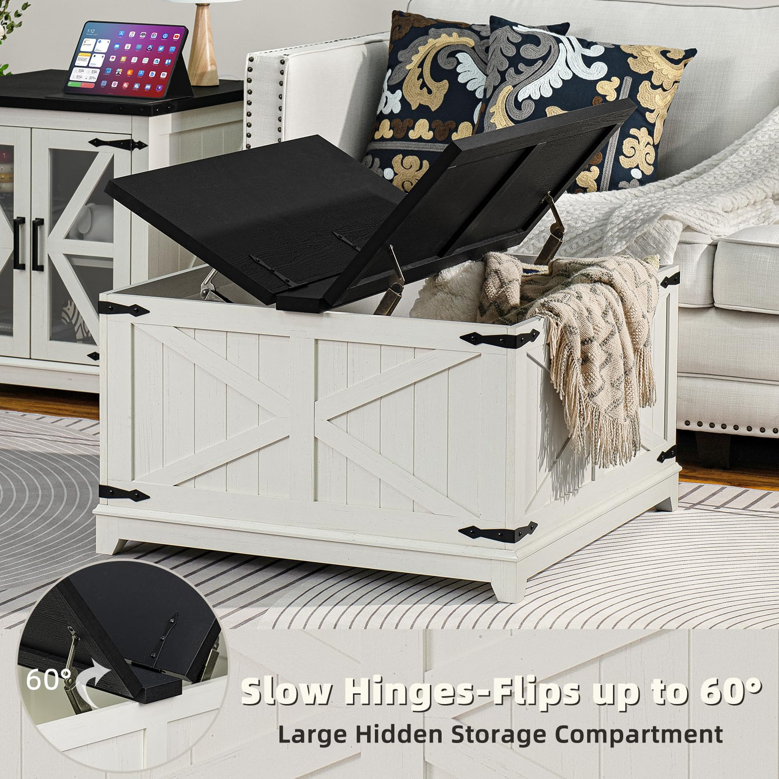 Farmhouse Coffee Table with Hidden Storage Compartment, Antique Black & White Square Large Center... | Amazon (US)