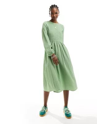 Daisy Street long sleeve midi smock dress in textured green | ASOS | ASOS (Global)