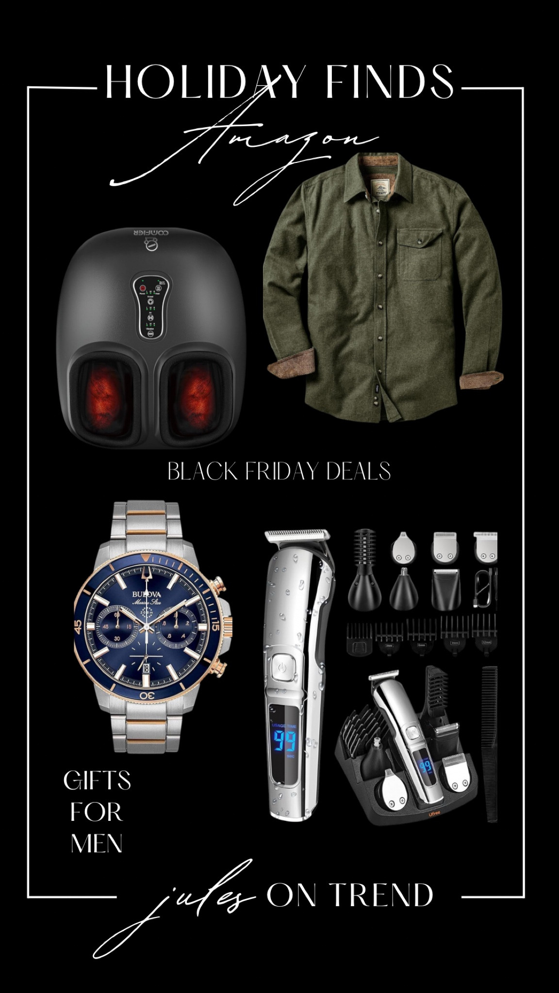 Affordable and splurge worthy gifts for men. Watches, foot massagers, button down shirts for men, and beard trimmers. Black Friday Deals!

#LTKFindsUnder50 #LTKHoliday #LTKGiftGuide