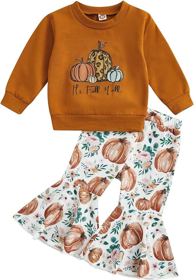 Toddler Girl Thanksgiving Outfits Hello Pumpkin Long Sleeve Sweatshirt Leopard Flare Pants Outfit... | Amazon (US)