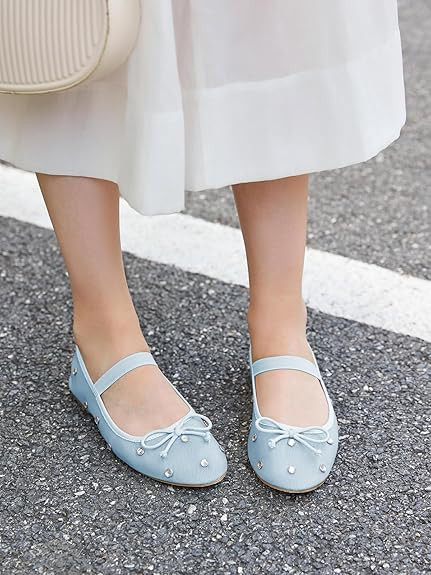 Coutgo Womens Mesh Ballet Flats Rhinestone Crystal Round Toe Mary Jane Flats Slip on Dress Shoes | Amazon (US)