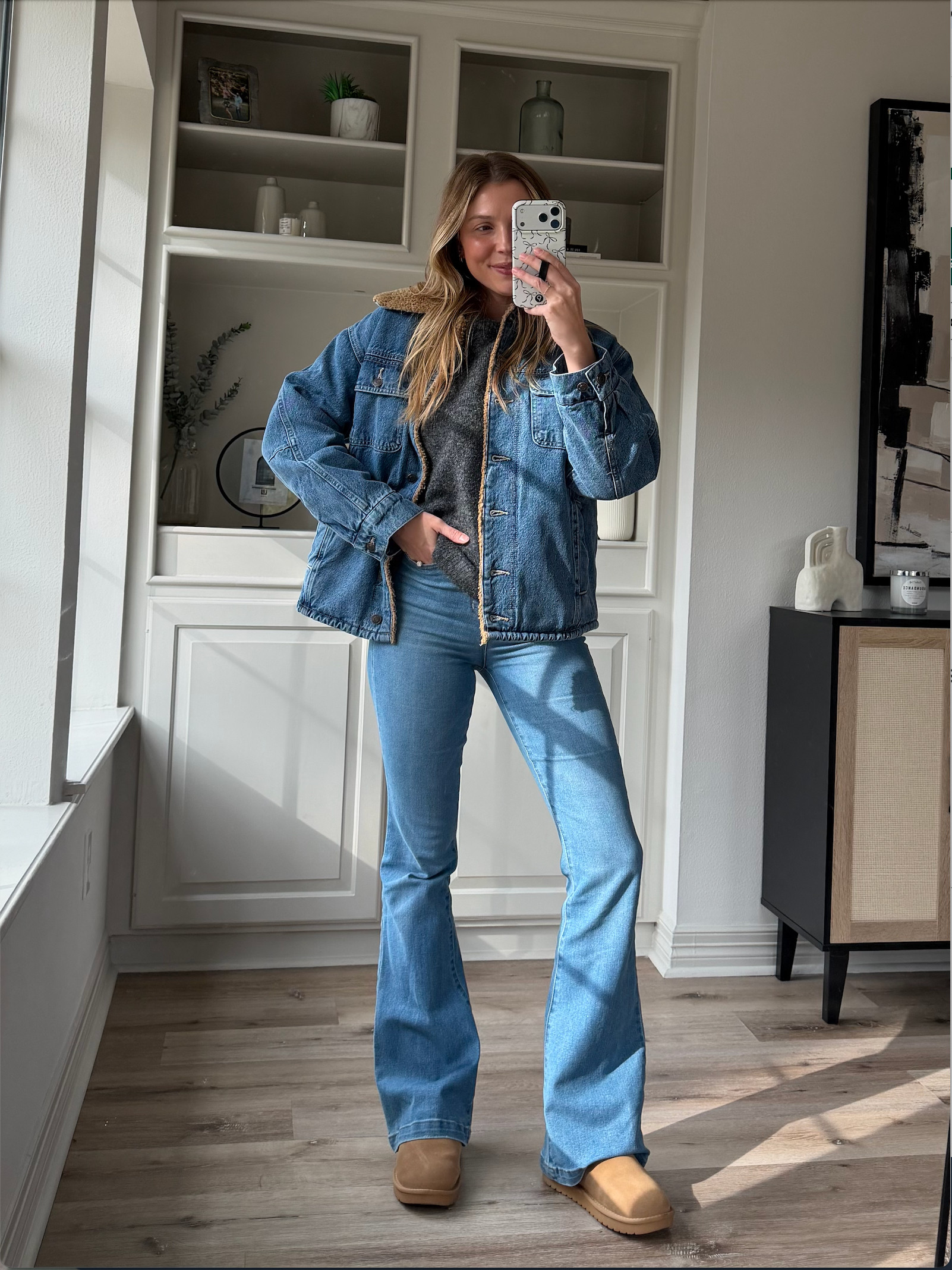 Casual winter outfit! I'm loving this sherpa lined denim jacket. It is actually so warm!! Size S in jacket and swetaer, boots tts.  

 #LTKdayinmylife #LTKootd