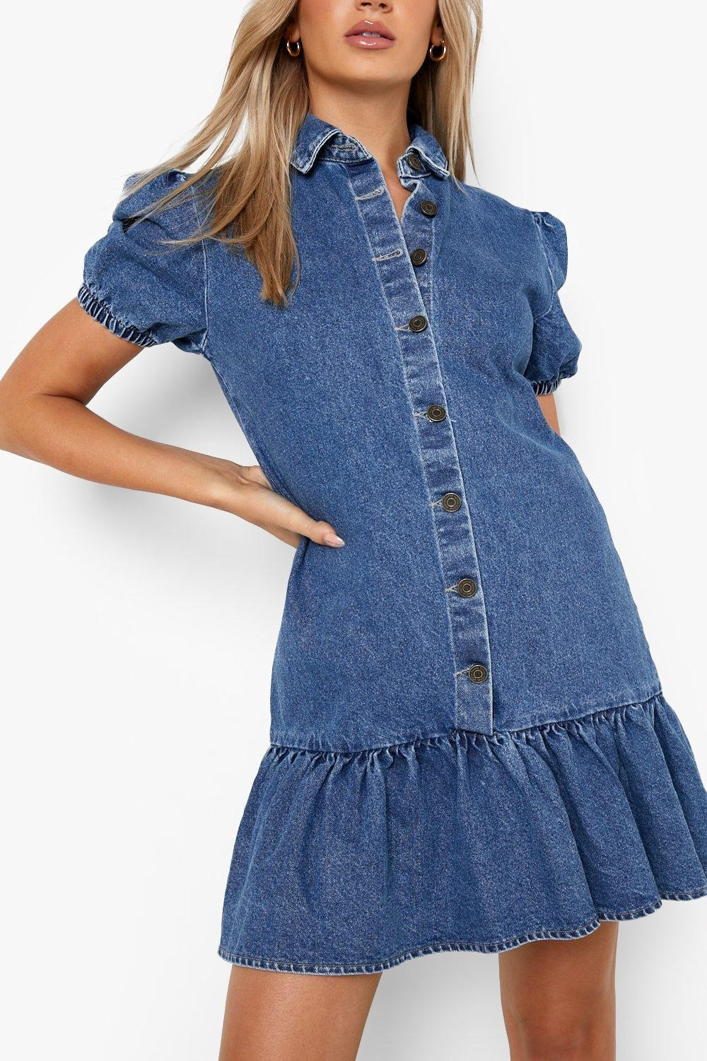 Puff Sleeve Denim Dress | Boohoo.com (US & CA)