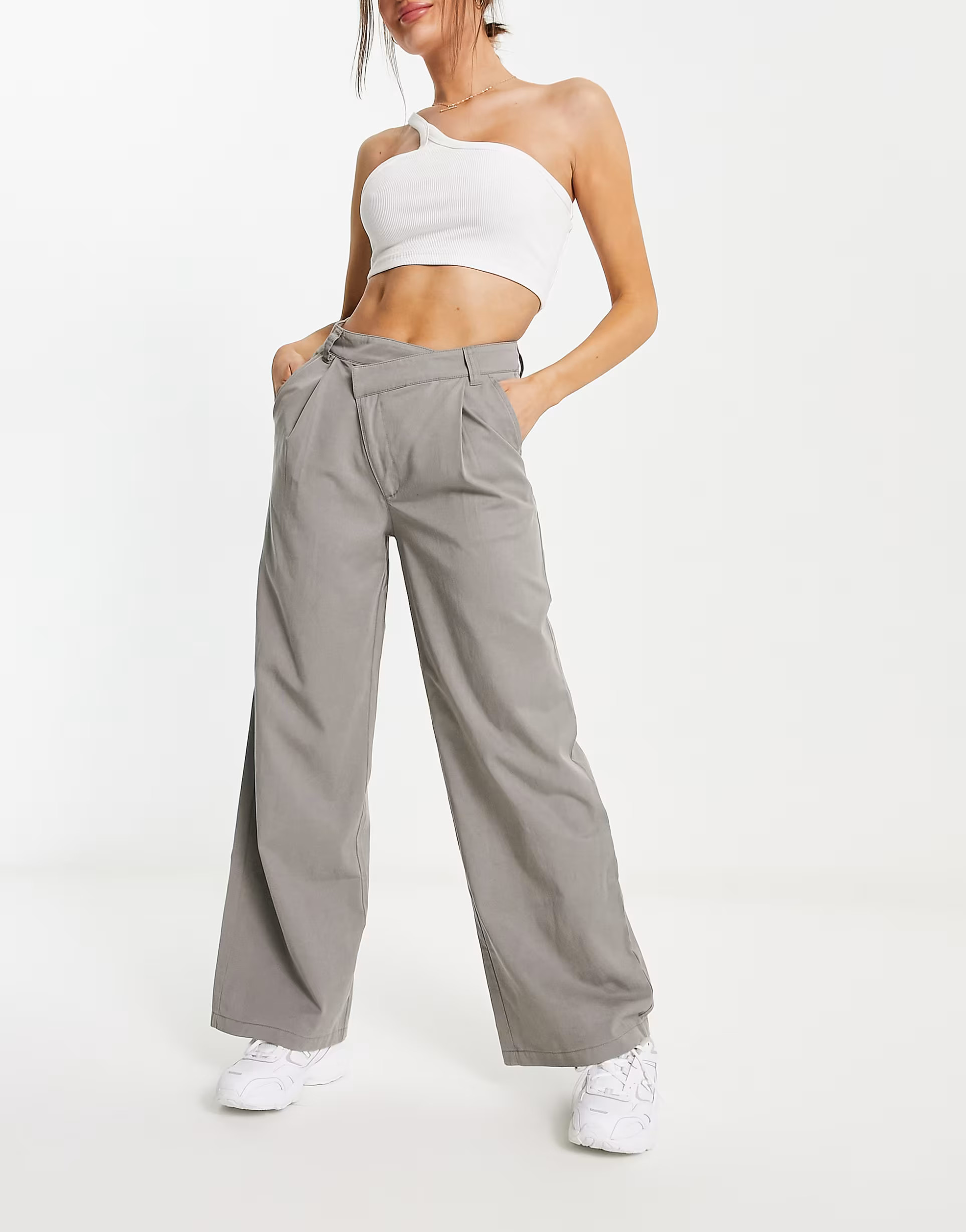ASOS DESIGN dad trouser with asymmetric waist in grey | ASOS (Global)