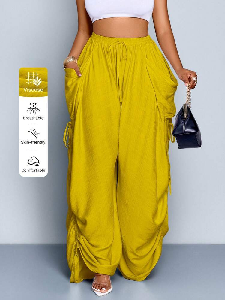 SOLERSUN Women's Mustard Yellow Summer Boho Vacation Loose Drawstring Pants,Elastic Waist Baggy V... | SHEIN