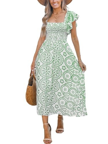 CUPSHE Women's Paisley Floral Midi Sundress Square Neck Flutter Sleeve Smocked Dresses Summer Wedding Guest Dress Green S | Amazon (US)