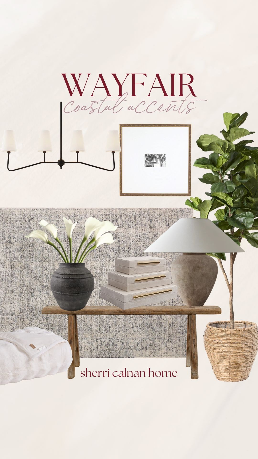 Wayfair coastal accents featuring black chandelier lighting, woven bench, ceramic table lamp, framed art prints, neutral storage boxes, and faux fiddle leaf fig tree.

Wayfair home decor, coastal accent decor, black modern chandelier, woven wood bench, ceramic table lamp, framed wall art, neutral decorative boxes, faux fiddle leaf fig tree, coastal living room styling, sherricalnanhome

#LTKhome