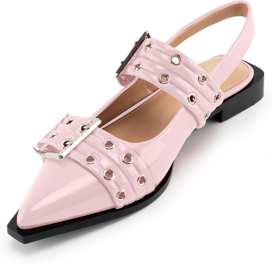 KaroNairy Buckle Flats for Women Slingback Flats Square Toe Ballet Flats Pointed Toe Wide Flat Ma... | Amazon (US)