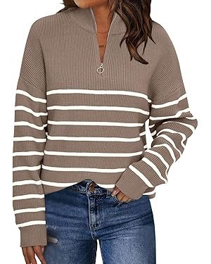 LILLUSORY Women's Quarter Zip Striped Oversized Sweater Mock Turtleneck Pullover Fall Fashion Out... | Amazon (US)