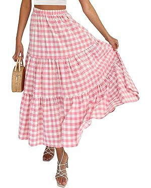 ZESICA Women's 2024 Summer Plaid Flower Print Elastic High Waist Flowy A Line Maxi Skirt with Poc... | Amazon (US)