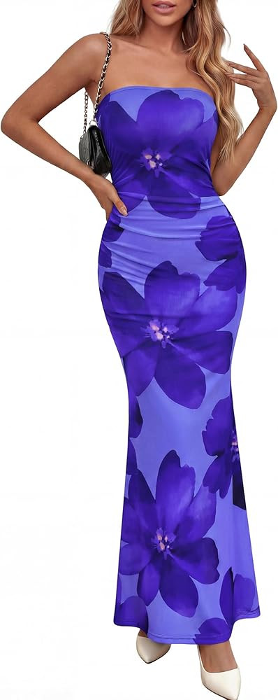 PRETTYGARDEN Womens Dresses 2026 Spring Formal Strapless Tube Bodycon Mesh Ruched Floral Wedding ... | Amazon (US)