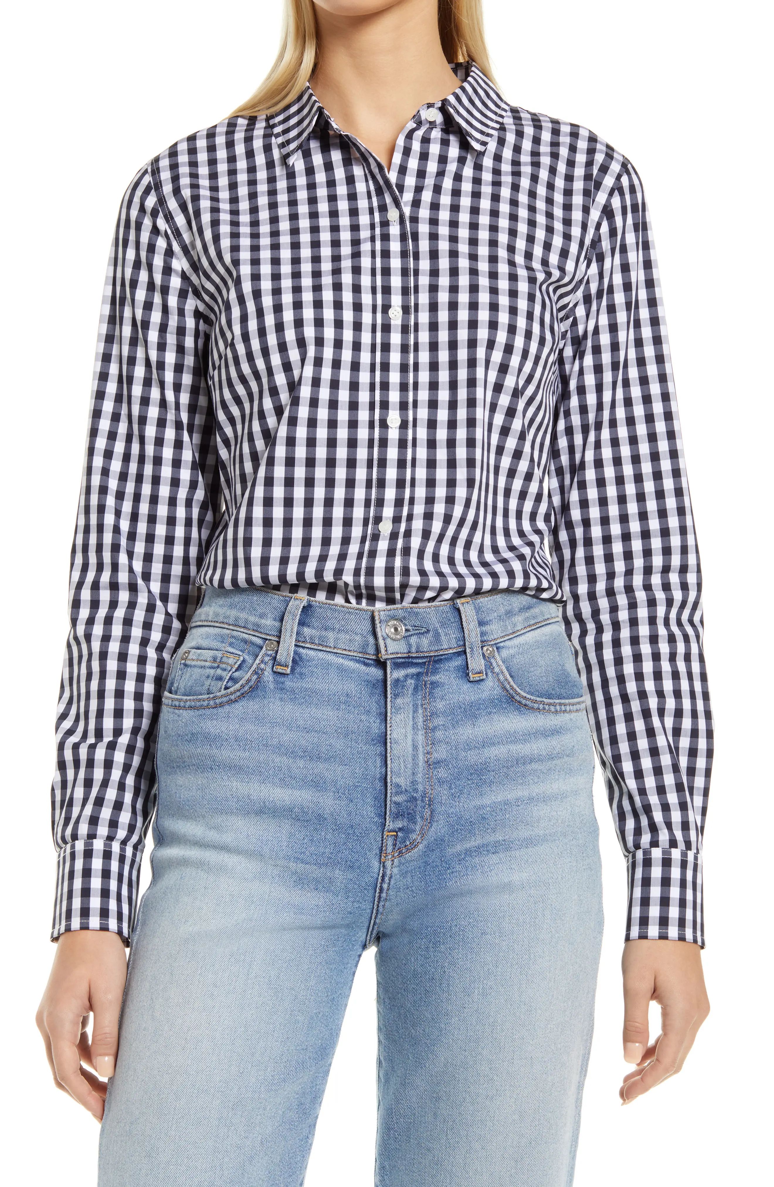 Halogen(R) Classic Poplin Button-Up Shirt, Size Small in Navy/White Gingham at Nordstrom | Nordstrom