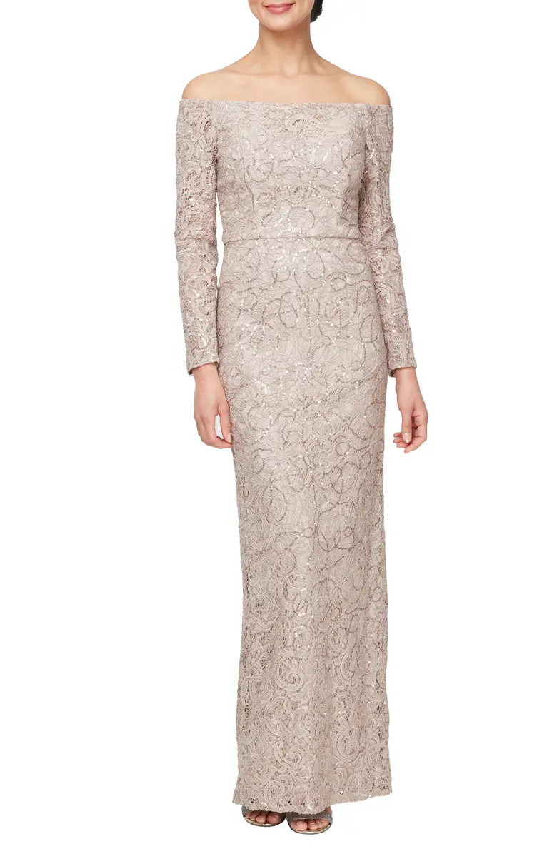 Alex Evenings Floral Embroidered Sequin Off the Shoulder Long Sleeve Gown | Nordstrom | Nordstrom