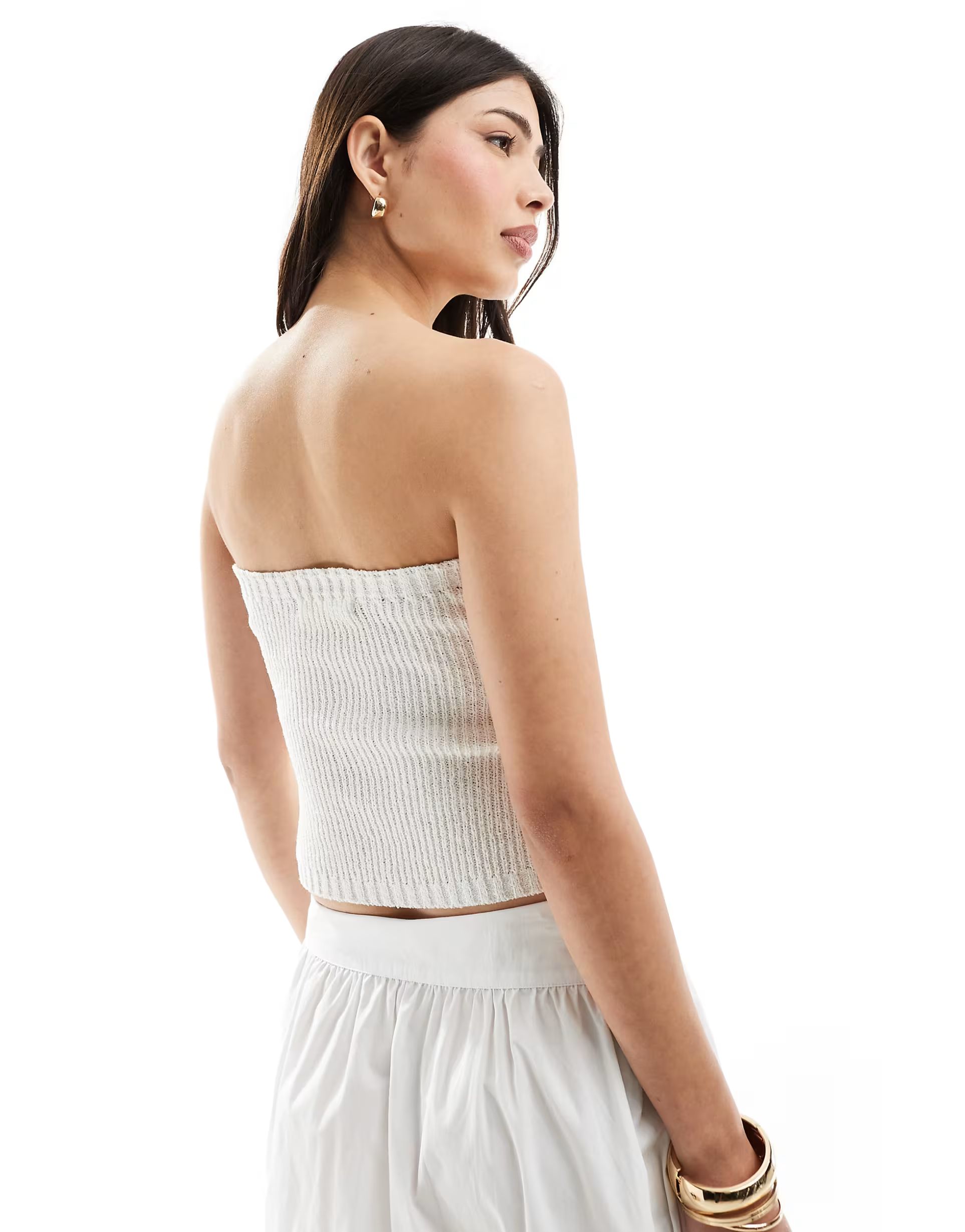 4th & Reckless ribbed knit bandeau gold button detail top in off white | ASOS (Global)