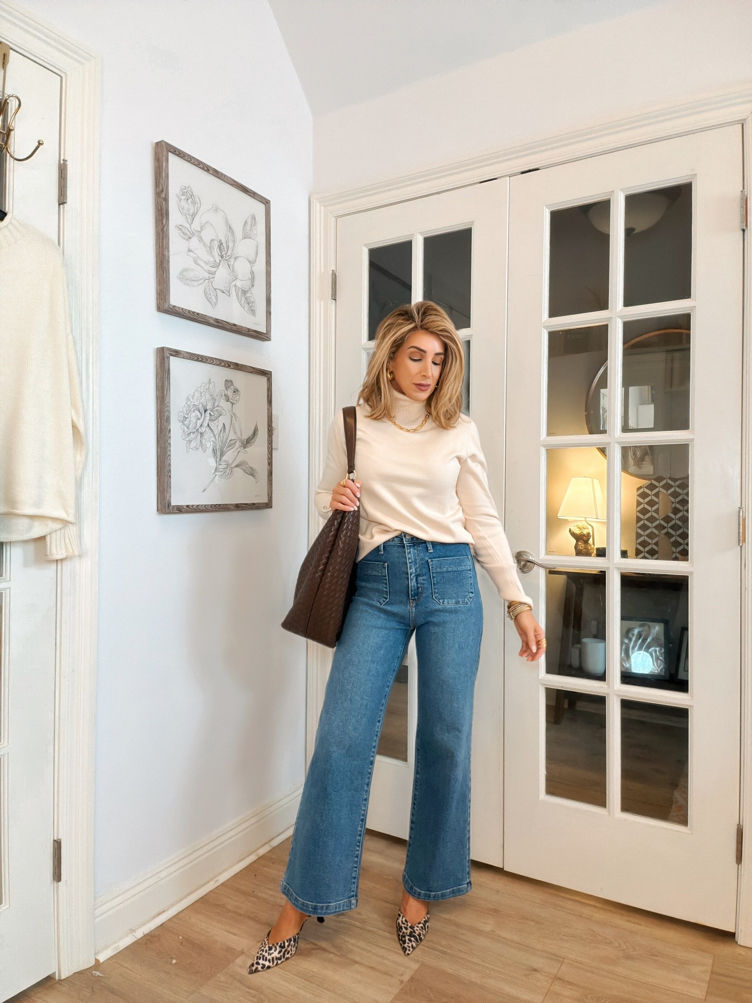 Soft turtleneck sweater top with denim.

Fall outfits women over 50