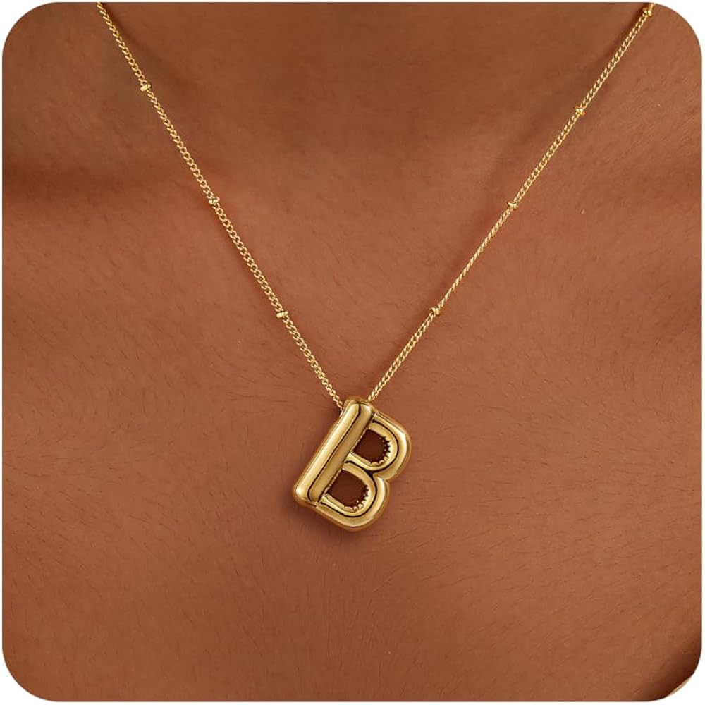 Gold Bubble Letter Necklace for Women, Dainty 14K Plated Balloon Initial Pendant Necklace Trendy ... | Amazon (US)