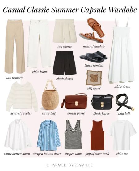 New on CharmedByCamille.com: 18 pieces for a casual classic capsule wardrobe for summer featuring 40 outfit ideas! 

#summercapsule #capsulewardrobe #quietluxury #classicstyle 

#LTKstyletip #LTKSeasonal #LTKFind