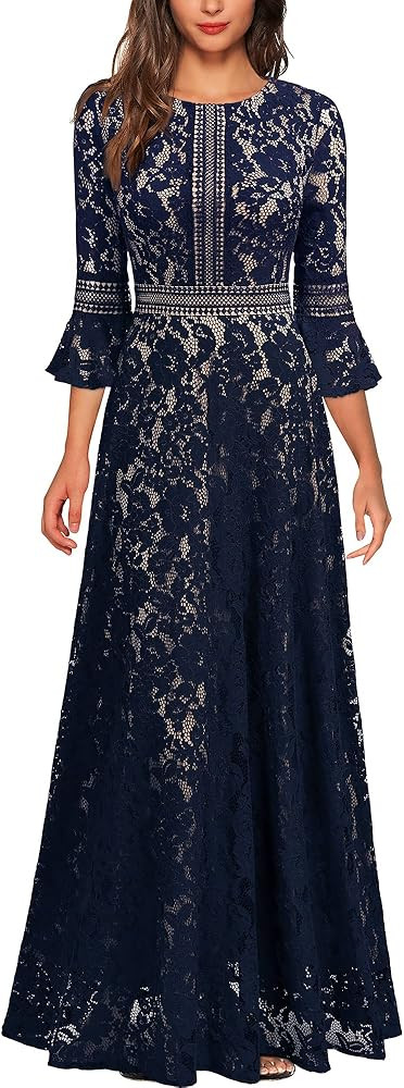 MISSMAY Women's Vintage Full Lace Contrast Bell Sleeve Formal Long Dress | Amazon (US)