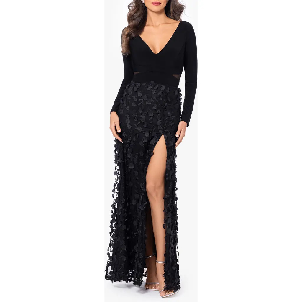 Xscape Evenings Floral Embroidered Long Sleeve Gown in Black/Black at Nordstrom, Size 4P | Nordstrom