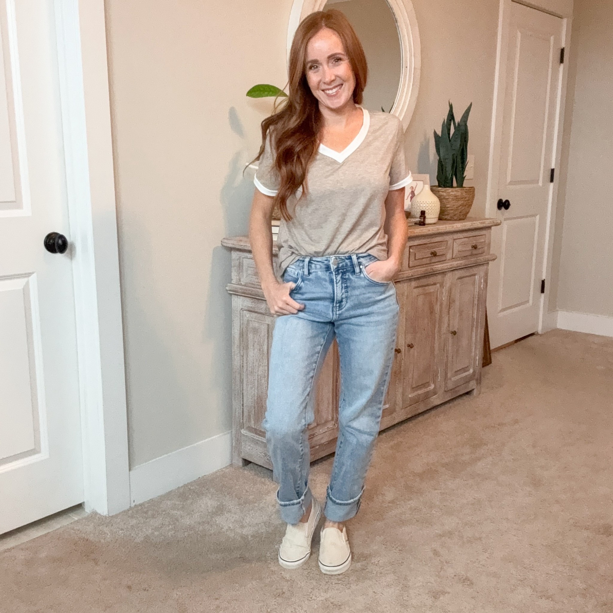 Adorable casual outfit! Tshirt runs true to size, I’m 5’3”, 115lbs and I got a small. This is the color Coffee grey, it’s a beautiful heather beige with ivory trim. It’s stretchy and doesn’t shrink.
Jeans are straight leg Leo Risen jeans, I got the size 26. I paired this with Slip on vans for a cozy, styled look.

#LTKOver40 #LTKootd #LTKmomlife