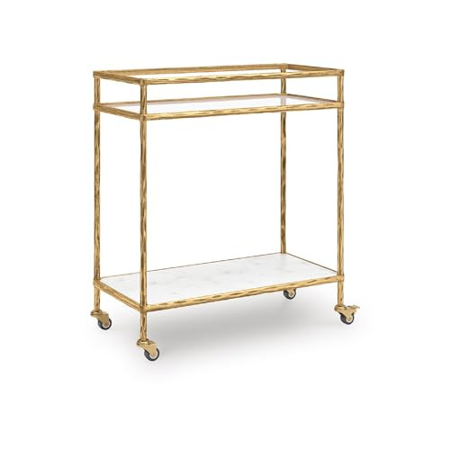 Signature Design by Ashley Plattfield Contemporary Bar Cart with Glass & Marble Shelves and Locking Casters, Antique Gold & White | Amazon (US)