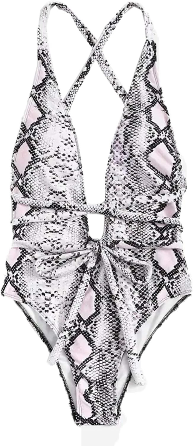 SweatyRocks Women's Sexy Bathing Suits Criss Cross Tie Knot Front Deep V Open Back Leopard One Pi... | Amazon (US)