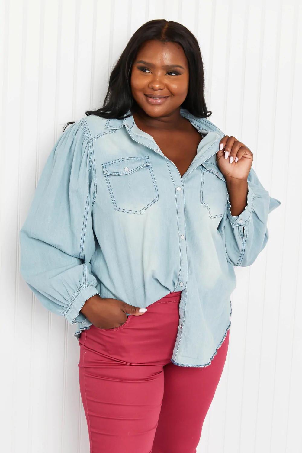 Sitting Fireside Button Down Denim Shirt | Peppered with leopard