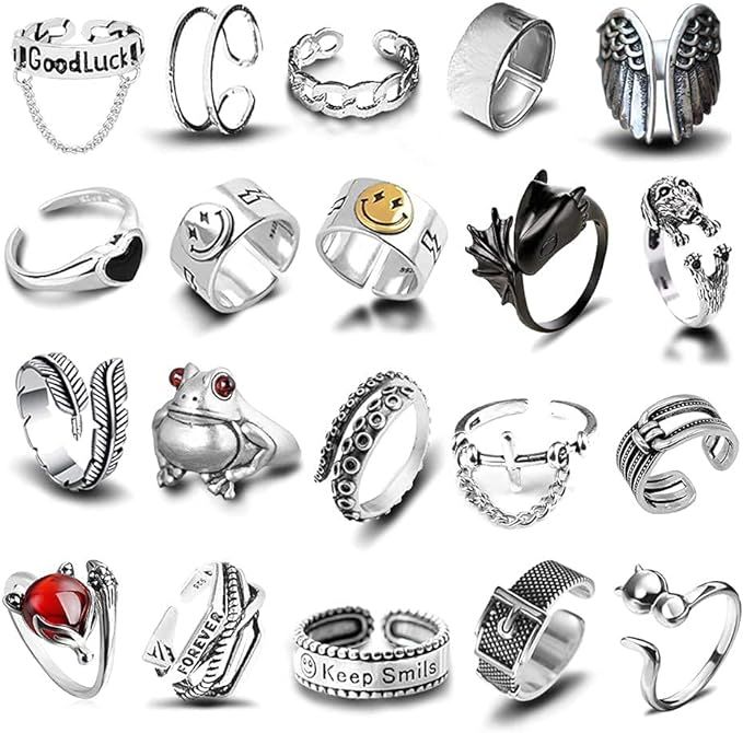 20 Pcs Open Rings Frog Leaf Chain Adjustable Ring for Women Men Girls Punk Vintage Gothic Stackab... | Amazon (US)