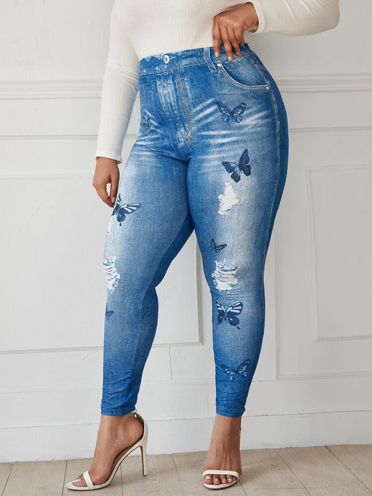 Plus Butterfly And Imitation Denim Print Leggings | SHEIN