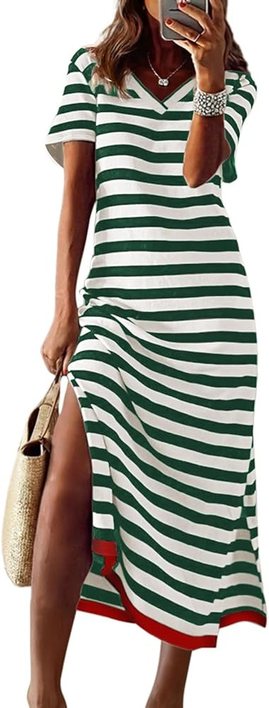 Dokotoo Womens 2026 Short Sleeve Maxi Dress Striped Split T Shirt Dress | Amazon (US)