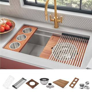 Dual-Tier 34 in. Undermount Single Bowl 16-Gauge Stainless Steel Workstation Kitchen Sink with Ac... | The Home Depot