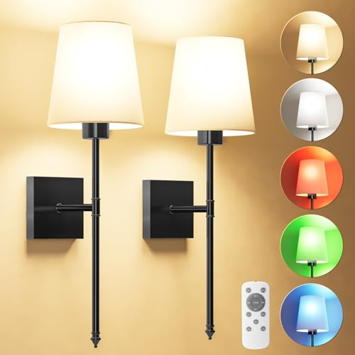 Battery Operated Wall Sconce Set of 2, Black Rechargeable Wall Sconce with Detachable Bulbs and Fabric Shade, Dimmable Sconce Wall Decor Lights with Remote for Bedroom, Living Room, Entryway | Amazon (US)