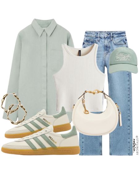 Linen shirt, jeans, ribbed vest top, coach bag, adidas Spezial trainers, gold hoop earrings and baseball cap.
Spring summer outfit, sage green, casual look, everyday style, sneakers, high street style.

#LTKeurope #LTKstyletip #LTKshoes
