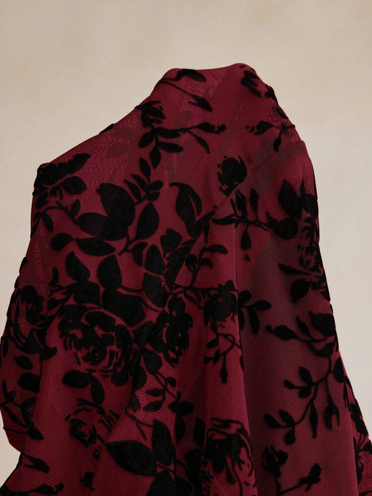 Maija Women's Plus Size Floral Print Sheer Mock Neck Blouse (No Bra), Suitable For Urban Commute, Business Casual, Office Wear, Elegant For Christmas Party, New Year Celebration, Red Top/Winter | SHEIN