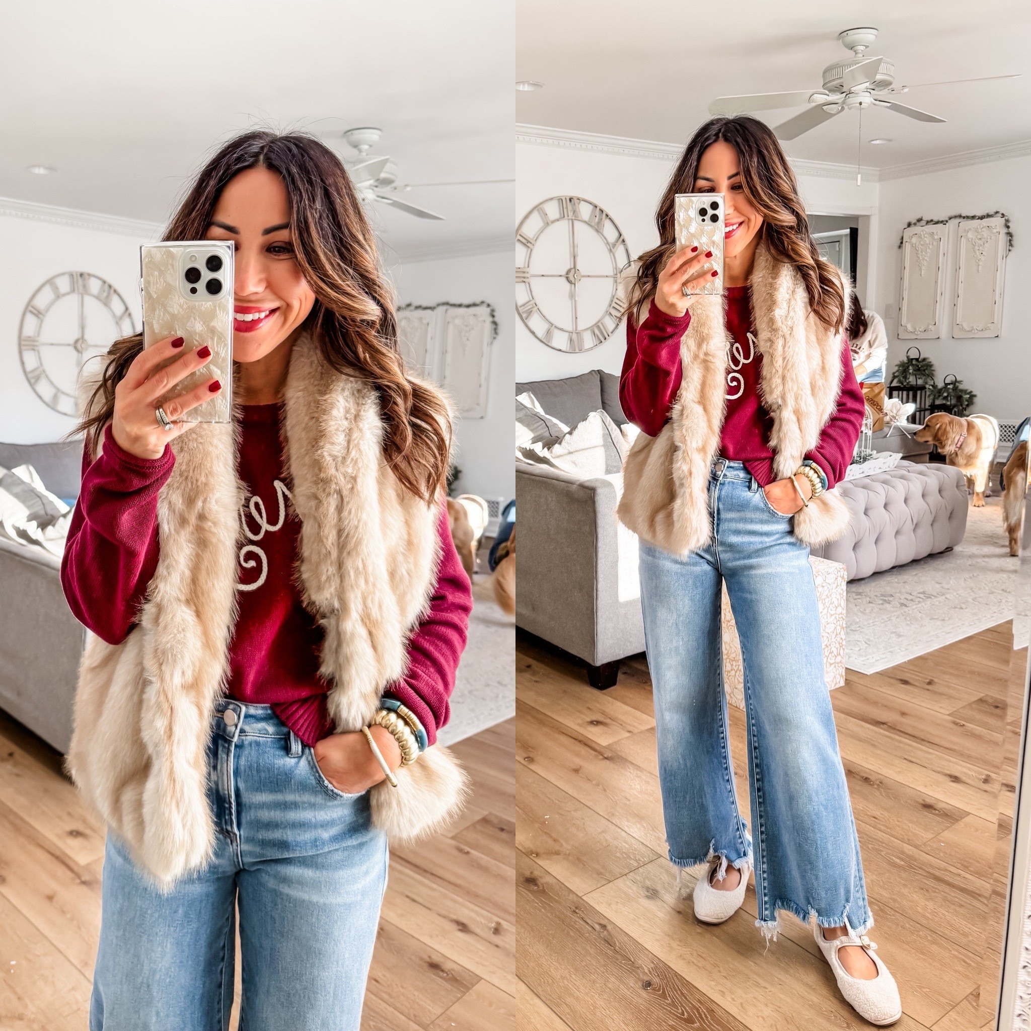 Jeans, 25, small faux fur vest, small sweater, Sherpa shoes, TTS

#LTKOver40 #LTKHoliday #LTKFindsUnder100
