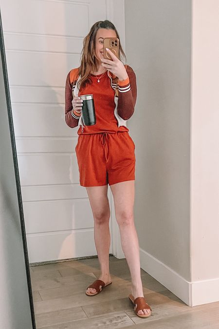 Romper Outfit for Spring 2023|
Is 40 too old to wear a romper? No! I’m 42 and rocking this romper all season. I paired it with Hermes dupe sandals and retro zip up. | Women's Summer Short Sleeve Striped Jumpsuit Rompers with Pockets Short Pant Rompers Loungewear Athleisure Outfits. 

#LTKSeasonal #LTKstyletip #LTKunder50