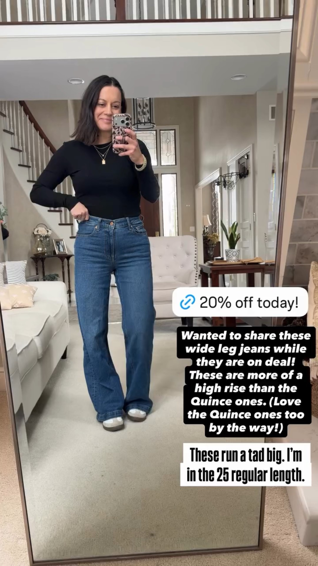 Wanted to share these wide leg jeans while they are on deal! These are more of a high rise than the Quince ones. (Love the Quince ones too by the way!) These run a tad big. I’m in the 25 regular length.