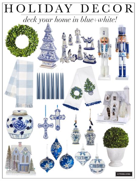 Holiday and Christmas decor in blue and white!
Chinoiserie, ginger jar, tea towel, nutcracker, boxwood wreath, Christmas village, Christmas house, topiary, Christmas ornaments x blue candles, plaid throw, blue throw blanket 

#LTKstyletip #LTKhome #LTKHoliday