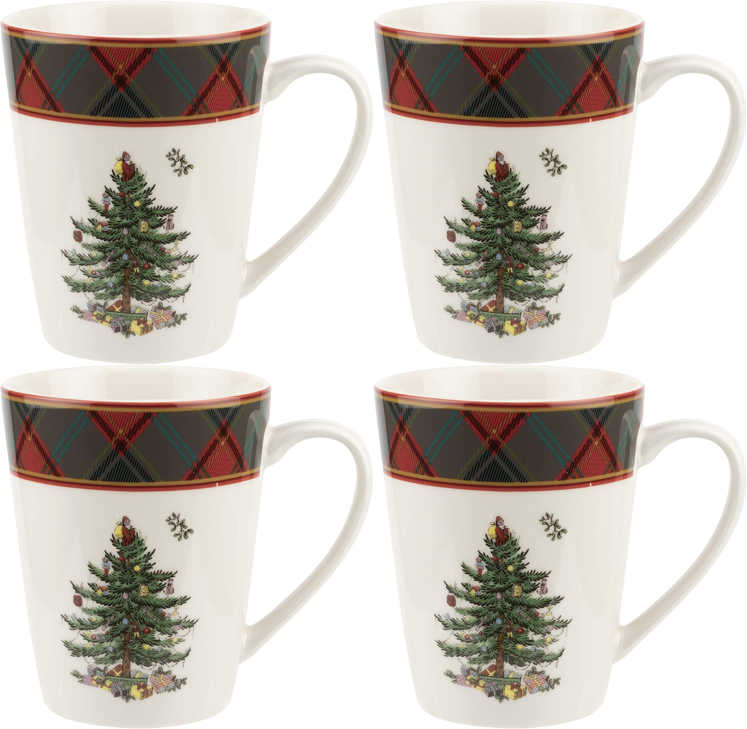 Spode Christmas Tree Tartan Mugs (Set of 4) - 14 Ounce Festive Holiday Coffee Cups for Tea, Hot Cocoa, Coffee - Porcelain Mugs with Tartan Border, Dishwasher & Microwave Safe Holiday Drinkware | Amazon (US)