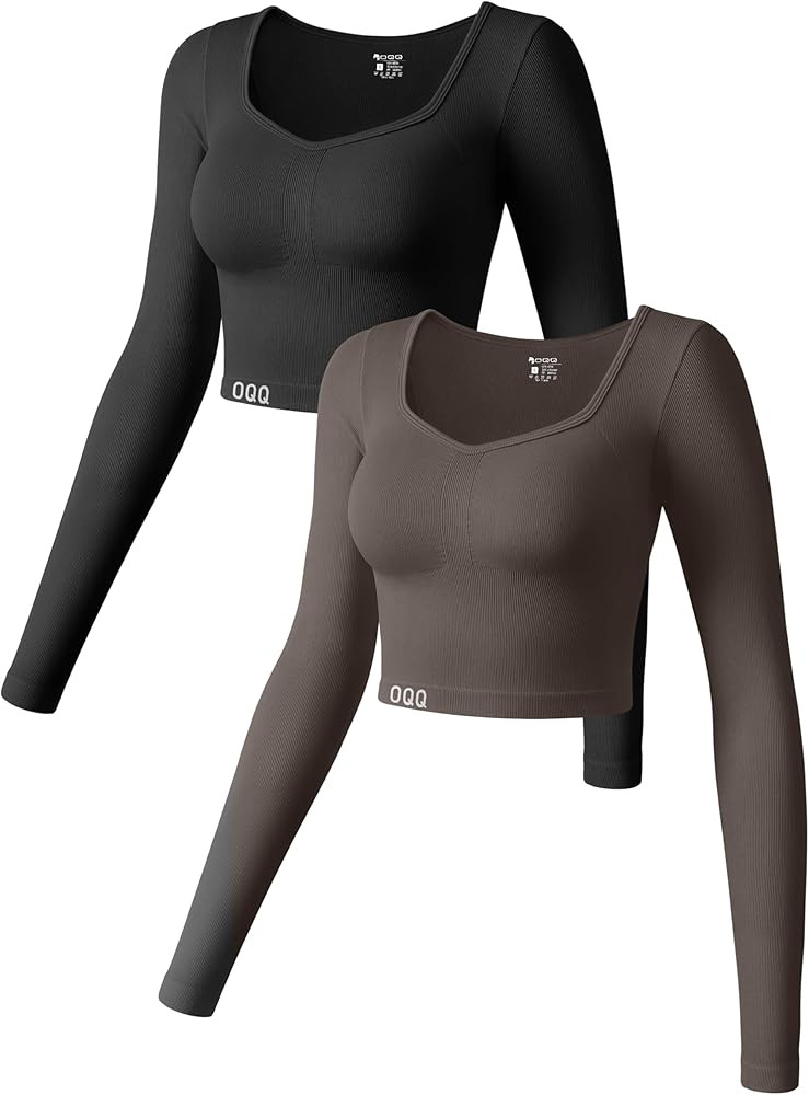 OQQ Women 2 Piece Crop Tops Long Sleeve Stretch Fitted Underscrubs Layer Tee Shirts Exercise Tops | Amazon (US)