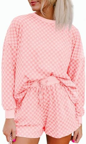 Tankaneo Womens 2 Piece Outfits Oversized Long Sleeve Checkered Plaid Tops Elastic Waist Shorts 2... | Amazon (US)