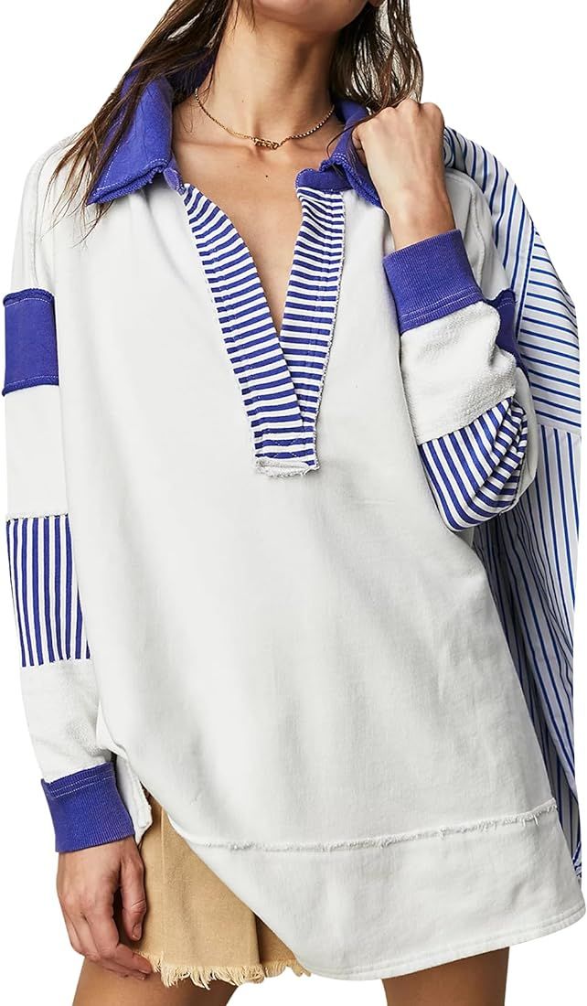 Ugerlov Women's Oversized Sweatshirt Lapel Collared V Neck Polo Shirts Pullover Color Block Strip... | Amazon (US)