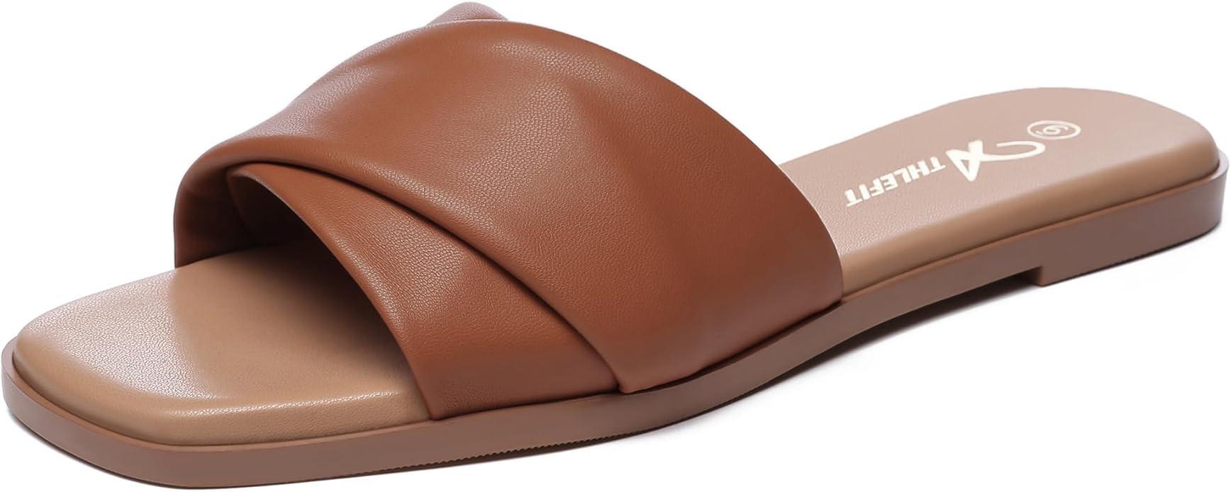 Athlefit Women's Summer Flat Sandals Slip On Square Toe Soft Leather Slide Sandals | Amazon (US)